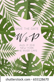 Summer wedding invitation design with tropical leaves. Hand drawn lettering and textures. Also great for sale concept, label, tag, wallpaper, flyer, poster, brochure, voucher discount. Vector EPS 10