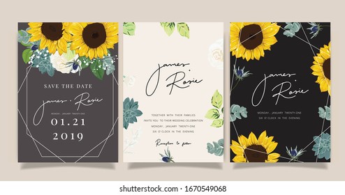 summer Wedding Invitation, floral invite thank you, rsvp modern card Design in sunflower with  leaf greenery  branches decorative Vector elegant rustic template