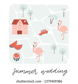 Summer wedding invitation with map of town. Hand drawn streets, houses and car. Winter design. Vector illustration background