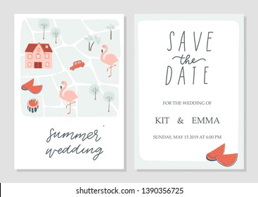 Summer wedding invitation with map of town. Hand drawn streets, houses and car. Winter design. Vector illustration background