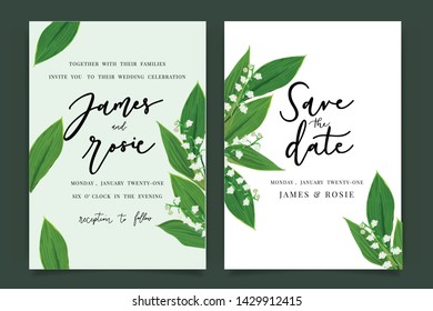 Summer Wedding Invitation template, floral invite thank you, rsvp modern card Design in white lily of the valley and leaf greenery  branches decorative Vector elegant rustic template