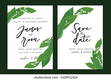 Summer Wedding Invitation template, floral invite thank you, rsvp modern card Design in white lily of the valley and leaf greenery  branches decorative Vector elegant rustic template