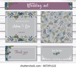 Summer wedding set. Invitations and greetings, thank you.  Blue flowers and berries on the gray background. 