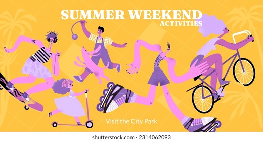 Summer weekend activities in the city park. Cute characters on bike, scooter, skateboard and roller skate in flat style
