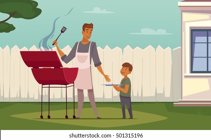 Summer weekend barbecue on patio lawn retro cartoon poster with bbq grill father and son vector illustration