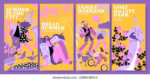 Summer weekend in the city park. City activities vector banners set with loving couple, family and beautiful young woman in cartoon style
