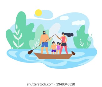 Summer Weekend Family on Beautiful Lake Dad Hold Paddle Float Boat. Bright Nature Blue Sky Moving Sport in Fresh Air. Active Life Position Regularly Play Sports and Trainings Vector Flat Illustration.