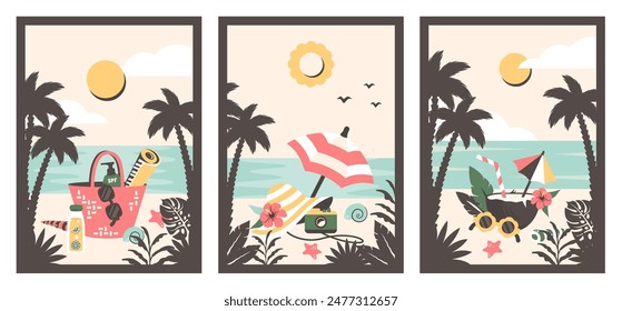 Summer weekend. Landscapes. Vintage background with tropical beach, palms, cocktail in coconut, sunhat, umbrella, camera, lemonade, sunscreen bottles. Set of summer retro posters.Vector illustration

