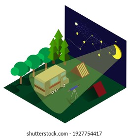 summer weekend in nature with tents and RV, isometric vector illustration