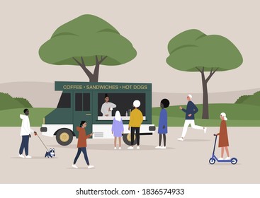 A Summer Weekend Park Scene, People Walking Their Dogs, Jogging, Riding Electric Scooters And Ordering Coffee At The Food Truck