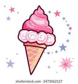 Summer weekend party element cute ice cream cone vector illustration sticker in retro style