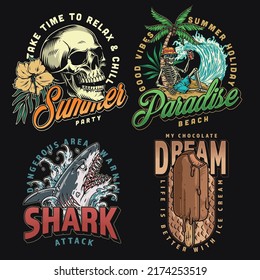 Summer weekend set colorful vintage posters with elements of beach holiday skeletons under palm tree and attacking shark vector illustration