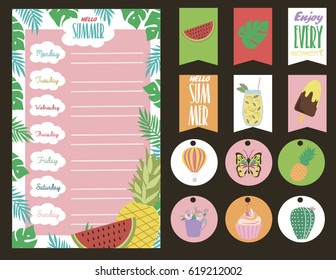 Summer Weekly and Daily Planner Template. Organizer and calendar with summer month. Vector illustration 