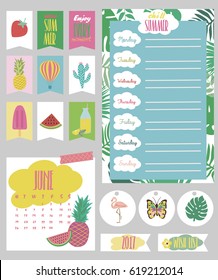 Summer Weekly and Daily Planner Template. Organizer and calendar with summer month. Vector illustration 