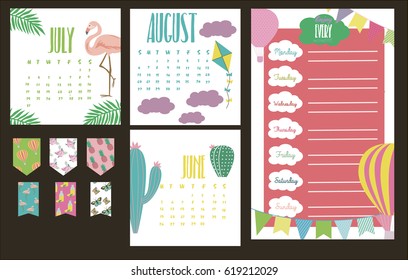 Summer Weekly and Daily Planner Template. Organizer and calendar with summer month. Vector illustration 