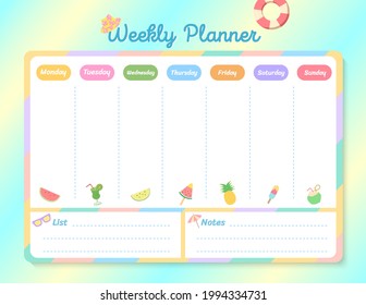 Summer Weekly Planner Template colorful pastel backgroud color