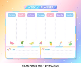 Summer Weekly Planner Template colorful pastel backgroud color