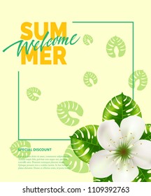 Summer, welcome lettering in frame with flower. Summer offer or sale advertising design. Handwritten and typed text, calligraphy. For leaflets, brochures, invitations, posters or banners