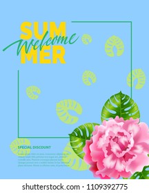 Summer, welcome lettering in frame with peony. Summer offer or sale advertising design. Handwritten and typed text, calligraphy. For leaflets, brochures, invitations, posters or banners