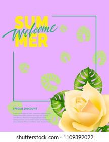 Summer, welcome lettering in frame with rose. Summer offer or sale advertising design. Handwritten and typed text, calligraphy. For leaflets, brochures, invitations, posters or banners