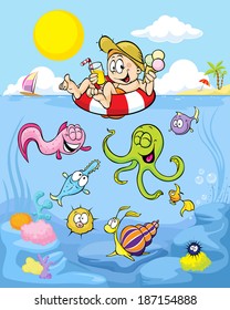 summer well being with funny boy, palm beach, windsurfing and sea animals