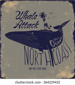 Summer whale beach sketch for apparel.Vector illustration.