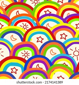 Sommerweißer Regenbogen nahtloses Muster.Moderner, rauer Hippie-abstrakter Bogenhintergrund. Chilenische skandinavische Farbgestaltung für dekorative Drucke.Doodle Art. Vektorgrafik mit handgezeichneter Vektorgrafik