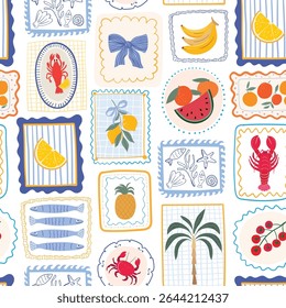 Summer whimsical stamps seamless pattern, Mediterranean style, traditional foods wallpaper, retro background