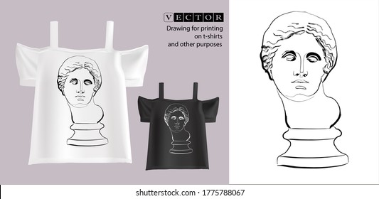 Summer white and black print t-shirts. Vector illustration of Venus de Milo. Fashion women clothes.