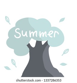 Summer. White letters. Tree in cartoon style. Summer concept.
