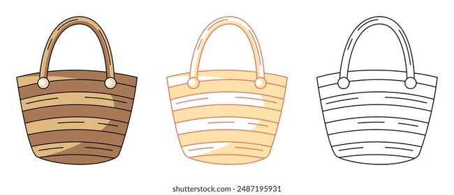 Bolso de mimbre de verano para accesorios de playa, colorido y línea de iconos conjunto. Verano, vacaciones y vacaciones. Icono de contorno de Vector, monocromo e ilustración en color. Para el logotipo, etiqueta, libro de colorear, etiqueta