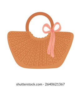 Summer wicker bag with pink silk ribbon in flat cartoon design. Simple brown beach bag with rounded handle. Minimal handcraft female eco bag. Bamboo beachwear basket. Vector illustration isolated.