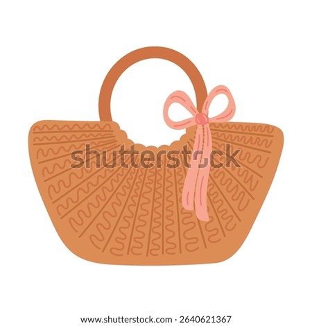 Summer wicker bag with pink silk ribbon in flat cartoon design. Simple brown beach bag with rounded handle. Minimal handcraft female eco bag. Bamboo beachwear basket. Vector illustration isolated.