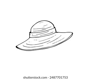 Summer wicker hat with wide brim. women hat protection from the sun. Hand-drawn illustration isolated on white