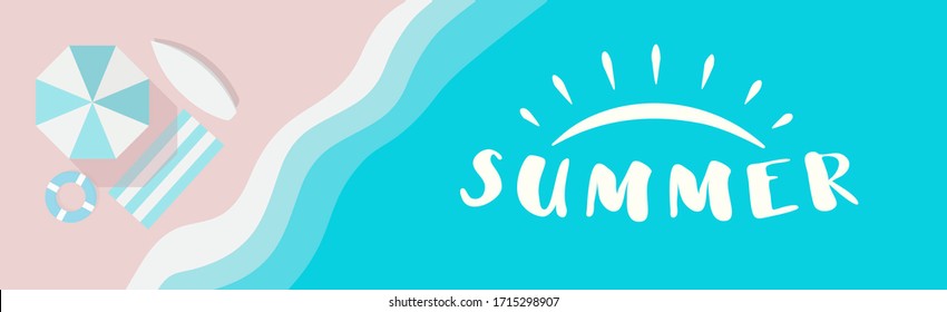 Banner vectorial de verano con el logo de verano, Paraguas de playa, tumbona, surf y arena rosa salvavidas cerca de las olas azules. Plantilla de póster horizontal de vista superior. Ilustración de dibujos animados