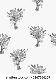 Summer wild flower bouquet background. Elegant hand drawn blossom floral seamless pattern. Botanical print. Vector illustration 