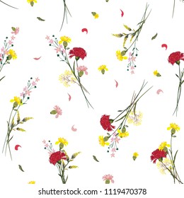 Summer Wild flower pattern Botanical Motifs scattered random. Seamless vector texture. For fashion prints. Printing with in hand drawn style on white  background.