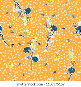 Summer Wild flowesr and Carnation in  hand sketch on top of monotone animal prints seamless vector pattern background  layer for fashion fabric and all prints on orange