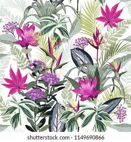Summer wild forest full of  blooming flower in many kind of florals seasonal seamless pattern vector ,hand drawing style for fashion, fabric and all prints on white background.
