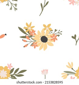 Patrón sin costuras de flor silvestre de verano. Patrón floral tierno y tierno con flores de campo primaveral de estilo rústico de dibujos animados. Textos para papel pintado, embalaje, tela, diseño de bodas, textiles, libro de recortes