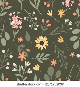 Summer wildflower seamless pattern. Cute and tender floral pattern with spring field flowers in cartoon rustic style. Texture for wallpaper, packaging, fabric, wedding design, textiles, scrapbook