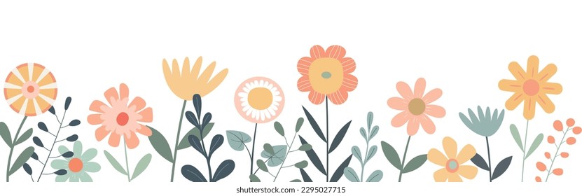 Summer wildflowers border with cute meadow plants. Horizontal botanical frame, isolated on white background. Floral banner, invitation template design.