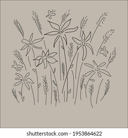 Summer wildflowers depicted in laconic lines by hand on paper