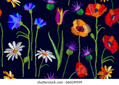 Summer wildflowers field. Seamless vector pattern with chamomiles, thistles, cornflowers, red and yellow poppies. Botanical print with embroidered texture. Vintage motifs. Retro textile collection.