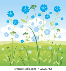 Summer. Wildflowers and grasses. Landscape. Green Hills. Clouds in the sky. Vector illustration.