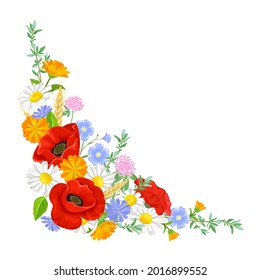 Summer wildflowers, herbs and ears of wheat angled vector frame. Floral corner, border. Beautiful flowers Illustration. Element for design greeting card, banner. Cartoon flat poppy and daisy bouquet.