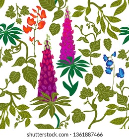 Summer wildflowers. Seamless botanical pattern with lupine, grass and other plants. Retro textile collection. On white background.