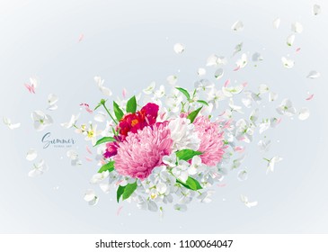 Summer wind - luxurious white vector Hydrangea flower,  Apple blossom, Pink Chrysanthemums with flying petals in watercolor style for 8 March, wedding, Valentine's Day,  Mother's Day, seasonal  sales