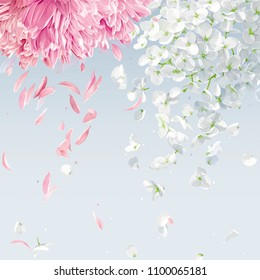 Summer wind - luxurious white vector Hydrangea flower,  Apple blossom, Pink Chrysanthemums with flying petals in watercolor style for 8 March, wedding, Valentine's Day,  Mother's Day, seasonal  sales