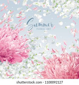 Summer wind - luxurious white vector Hydrangea flower,  Apple blossom, Pink Chrysanthemums with flying petals in watercolor style for 8 March, wedding, Valentine's Day,  Mother's Day, seasonal  sales